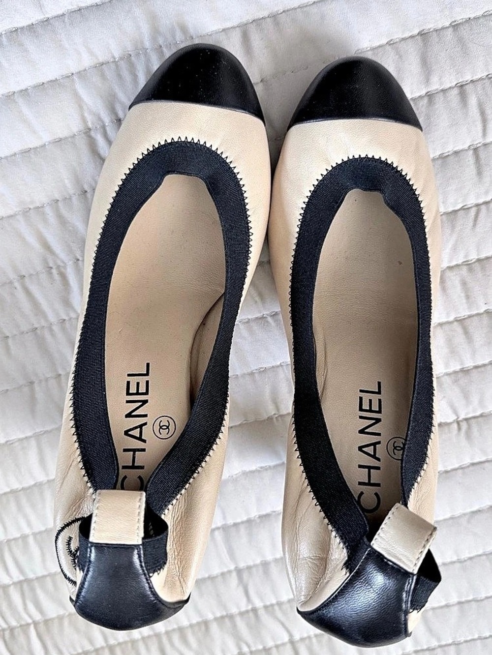 Chanel Beige and Black Cap Toe Elastic CC Pumps Beige & Black Cap Toe Elastic CC